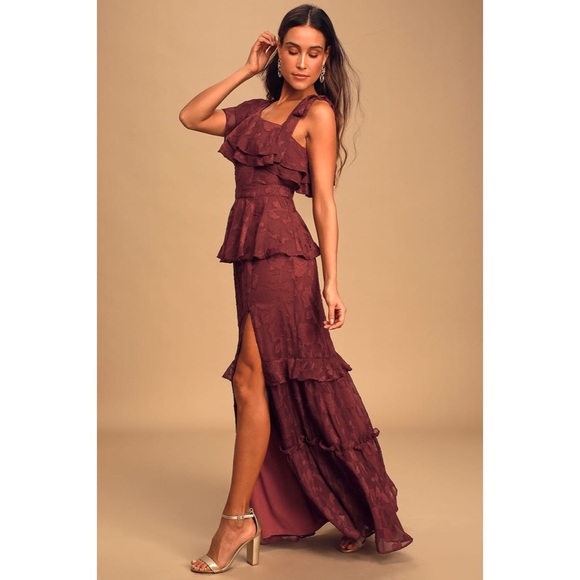 Lulu’s Wine One-Shoulder Ruffled Tiered Maxi Dress - Picture 5 of 5